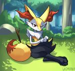  2021 absurd_res anthro bottomwear braixen clothed clothing clothing_lift detailed_background female forest forest_background generation_6_pokemon hi_res inner_ear_fluff looking_at_viewer nature nature_background nintendo outside plant pokemon pokemon_(species) skirt skirt_lift smile solo stick tree tuft video_games wigmania 
