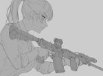  1girl assault_rifle breasts collared_shirt genso gloves grey_background greyscale gun holding holding_weapon large_breasts m4_carbine medium_hair monochrome original ponytail rifle shirt simple_background solo trigger_discipline upper_body weapon 