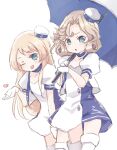  2girls alternate_costume bangs beret blonde_hair blue_eyes blue_umbrella boots cowboy_shot cropped_jacket dress gloves hat jacket janus_(kancolle) jervis_(kancolle) kantai_collection long_hair matching_outfit miko_(35nikomi) multiple_girls one_eye_closed parted_bangs race_queen short_hair simple_background thigh_boots thighhighs two-tone_dress umbrella white_background white_dress white_gloves white_headwear white_jacket white_thighhighs 