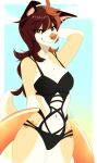  2022 anthro breasts brown_eyes brown_hair canid canine canis clothed clothing digital_media_(artwork) domestic_dog eyebrows eyelashes female hair mammal navel smile solo wolflady 