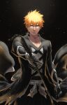  1boy absurdres bleach bleach:_the_thousand-year_blood_war brown_eyes closed_mouth collarbone dark_background hair_between_eyes highres holding holding_sword holding_weapon japanese_clothes katana kurosaki_ichigo looking_at_viewer mitarashi_(5333069) orange_hair short_hair smile sword tensa_zangetsu_(bankai) weapon 