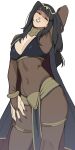  1girl absurdres armpits bangs black_hair blunt_bangs bodystocking bodysuit breasts bridal_gauntlets cape cleavage commission covered_navel english_commentary fire_emblem fire_emblem_awakening highres jewelry long_hair looking_at_viewer medium_breasts porqueloin smile solo tharja_(fire_emblem) tiara 