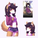  4_fingers anthro book_of_lust brown_body brown_fur canid canine canis cassandra_hart clothed clothing female fingers fur hi_res kanashiipanda looking_at_viewer mammal purple_clothing purple_eyes simple_background smile stefano_d&#039;angelo white_body white_fur wolf 