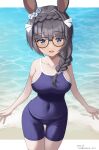  1girl :d animal_ears ass_visible_through_thighs bare_arms bare_shoulders black-framed_eyewear black_hair blue_eyes blue_one-piece_swimsuit blush braid breasts collarbone commentary_request covered_navel cowboy_shot dated day glasses hair_over_shoulder highres hirota_fruit horse_ears large_breasts long_hair looking_at_viewer sideboob single_braid smile solo standing swimsuit thigh_gap tracen_swimsuit twitter_username umamusume water zenno_rob_roy_(umamusume) 