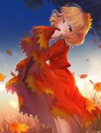  1girl aki_shizuha autumn autumn_leaves blonde_hair blush clothes_lift hair_ornament highres iris_anemone leaf leaf_hair_ornament lifted_by_self long_sleeves maple_leaf red_shirt red_skirt shirt short_hair skirt skirt_lift solo touhou yellow_eyes 