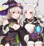  2girls absurdres animal_hands breasts cleavage corrin_(fire_emblem) corrin_(fire_emblem)_(female) dress fire_emblem fire_emblem_awakening fire_emblem_fates fire_emblem_heroes fur_trim gloves grey_hair hairband halloween_costume hat highres multiple_girls official_alternate_costume paw_gloves peach11_01 pointy_ears red_eyes robin_(fire_emblem) robin_(fire_emblem)_(female) short_shorts shorts smile twintails werewolf_costume witch witch_hat 