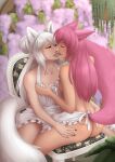  absurd_res amber_eyes animal_humanoid apron apron_only breasts butt canid canid_humanoid canine canine_humanoid clothing detailed_background duo embrace female female/female fur hair hi_res hug humanoid mammal mammal_humanoid mostly_nude pink_body pink_fur pink_hair ranara side_boob sitting white_body white_fur white_hair wolf_humanoid 