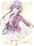  1girl blue_eyes crescent crescent_hair_ornament dress gakky hair_ornament kantai_collection official_alternate_costume one-hour_drawing_challenge purple_dress purple_hair short_hair short_hair_with_long_locks smile solo standing yayoi_(kancolle) 
