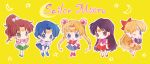  5girls absurdres aino_minako back_bow bangs bishoujo_senshi_sailor_moon black_hair blonde_hair blue_eyes blue_hair bow brown_hair chibi circlet copyright_name double_bun earrings gloves green_eyes hair_bobbles hair_bow hair_bun hair_ornament hano_luno highres hino_rei jewelry kino_makoto leotard long_hair mizuno_ami multiple_girls one_eye_closed parted_bangs pleated_skirt ponytail purple_eyes sailor_jupiter sailor_mars sailor_mercury sailor_moon sailor_senshi sailor_senshi_uniform sailor_venus short_hair skirt smile tsukino_usagi twintails very_long_hair yellow_background 