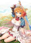  0v0_(l_seohui) 1girl absurdres arm_support arm_up ascot bangs blush braid breasts cleavage flower grass green_eyes highres holding holding_sword holding_weapon large_breasts long_hair looking_at_viewer miniskirt open_mouth orange_hair pecorine_(princess_connect!) princess_connect! puffy_short_sleeves puffy_sleeves red_ascot red_skirt short_sleeves shrug_(clothing) single_braid sitting skirt smile socks solo sparkle sword tiara v-shaped_eyebrows weapon yokozuwari 