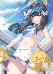  1girl absurdres animal_ears black_hair blue_archive blue_eyes blue_sky cameltoe cheerleader cloud cowboy_shot crop_top day dog_ears dog_girl dog_tail facial_mark goggles goggles_on_head halo hibiki_(blue_archive) hibiki_(cheerleader)_(blue_archive) highres holding holding_pom_poms kuwahara_taiki miniskirt official_alternate_costume panties pleated_skirt pom_pom_(cheerleading) skirt sky solo standing star_(symbol) star_facial_mark star_sticker sticker_on_arm sticker_on_face tail text_print twintails underwear white_panties white_skirt 