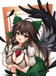  1girl absurdres ahoge bird_wings black_wings blouse bow bra breasts brown_hair cleavage collared_shirt feathered_wings feathers frilled_shirt_collar frilled_skirt frills green_bow green_skirt hair_bow highres hira-san large_breasts long_hair puffy_short_sleeves puffy_sleeves red_eyes reiuji_utsuho shirt short_sleeves skirt solo third_eye touhou underwear white_bra white_shirt wings 