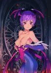  1girl bare_shoulders bat_wings breasts bridal_gauntlets demon_girl head_wings highres leotard lilith_aensland looking_at_viewer low_wings nipples optionaltypo print_legwear purple_eyes purple_hair purple_leotard shiny shiny_skin short_hair small_breasts smile solo undressing vampire_(game) wings 