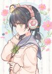  1girl absurdres animal animal_on_head bangs bird black_hair blush bow bowtie cable cardigan cat_ear_headphones chick flower green_eyes hacosumi hair_ornament hair_tie hairclip headphones highres holding holding_cable long_hair long_sleeves looking_at_viewer looking_to_the_side low_twintails on_head original parted_lips school_uniform serafuku sleeves_past_wrists solo striped striped_bow striped_bowtie twintails 