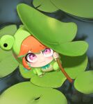  1girl absurdres animal_costume appleblossomtea chibi colored_inner_hair frog_costume green_hair highres hololive hololive_english lily_pad multicolored_hair orange_hair purple_eyes solo takanashi_kiara two-tone_hair virtual_youtuber 