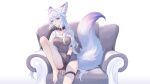  1girl absurdres animal_ear_fluff animal_ears black_nails blue_eyes breasts fingerless_gloves food fox_ears fox_girl fox_tail gloves grey_hair highres kirby_d_a long_hair looking_at_viewer original sitting tail very_long_hair white_hair 