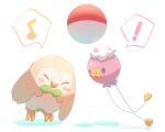  ! ball bird blush closed_eyes closed_mouth commentary_request drifloon mokukitusui musical_note no_humans owl pokemon pokemon_(creature) rowlet spoken_exclamation_mark spoken_musical_note white_background 