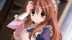  1girl apron artist_name asahina_mikuru bangs blurry blurry_background commentary_request hair_between_eyes kuuma25_kuma maid maid_apron official_alternate_costume orange_eyes orange_hair solo suzumiya_haruhi_no_yuuutsu twitter_username upper_body watermark white_apron 