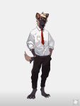  anthro bottomwear canid clothed clothing hair hi_res hyaenid kali_aion_(artist) male male/male mammal necktie office pants shirt simple_background solo topwear white_background 