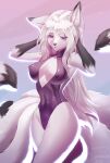  2022 anthro biped breasts canid canine cleavage clothed clothing digital_media_(artwork) eyelashes female fox fur golub_lol hair hands_behind_head hi_res long_hair looking_at_viewer mammal multi_tail navel nipple_outline portrait purple_eyes shaded shiori_shi simple_background solo three-quarter_portrait tight_clothing white_body white_fur white_hair 