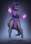  2022 anthro barefoot biped black_hair canid canine clothing collar collar_tag digital_media_(artwork) dress ear_piercing ear_ring feet female fox foxovh fur grey_body grey_fur hair hi_res long_hair looking_at_viewer magic_user mammal multicolored_hair piercing purple_clothing purple_dress purple_eyes purple_hair ring_piercing shaded solo two_tone_hair 