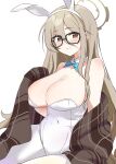  1girl absurdres akane_(blue_archive) akane_(bunny)_(blue_archive) animal_ears blue_archive blue_bow blue_bowtie blush bow bowtie breasts brown_eyes brown_scarf cleavage detached_collar glasses halo highres large_breasts leotard light_brown_hair long_hair looking_at_viewer pantyhose plaid plaid_scarf playboy_bunny rabbit_ears sasabe_opika scarf smile solo white_leotard white_pantyhose 