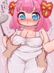  1girl apron areola_slip blue_eyes blush breast_grab breasts disembodied_limb flying_sweatdrops grabbing gumita hair_ornament heart heart_hair_ornament highres holding holding_ladle ladle medium_breasts naked_apron nipple_slip nipples nose_blush open_mouth original pink_background pink_hair pov pov_hands torso_grab translation_request white_apron 