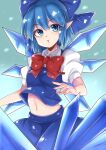  1girl absurdres bangs blue_bow blue_eyes blue_hair blue_skirt bow bowtie cirno cowboy_shot gradient gradient_background hair_bow highres ice ice_wings looking_at_viewer midriff navel norori open_mouth puffy_short_sleeves puffy_sleeves red_bow red_bowtie short_hair short_sleeves skirt solo standing touhou wings 