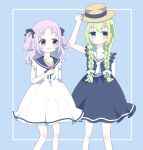  2girls alina_gray aqua_eyes bangs blush braid dress food green_hair hair_between_eyes hair_ribbon healthy_umasi highres holding ice_cream long_hair magia_record:_mahou_shoujo_madoka_magica_gaiden mahou_shoujo_madoka_magica medium_hair misono_karin multiple_girls neckerchief parted_bangs parted_hair purple_eyes purple_hair ribbon sailor_collar sailor_dress short_sleeves sidelocks smile twin_braids two_side_up 