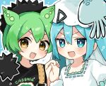  2girls akikan_sabago aqua_eyes aqua_hair black_shirt blush clothes_writing commentary_request dress green_hair hat hat_ornament hatsune_miku holding_hands jellyfish looking_at_viewer multiple_girls niconico open_mouth sea_urchin shirt suspenders twintails vocaloid voicevox yellow_eyes zundamon 