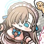  1girl 1other asuna_(blue_archive) blue_archive blue_eyes breasts cleavage commentary_request detached_collar dog hair_over_one_eye jazz_jack large_breasts light_brown_hair lowres maid maid_headdress mole mole_on_breast sunlight sweatdrop thought_bubble 