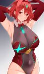  1girl animal_ears arind_yudha armpits arms_behind_head arms_up bangs blush breasts chest_jewel covered_navel elbow_gloves fake_animal_ears gloves highleg highleg_leotard highres large_breasts leotard looking_at_viewer playboy_bunny pyra_(xenoblade) rabbit_ears red_eyes red_gloves red_hair red_leotard short_hair smile solo swept_bangs tiara xenoblade_chronicles_(series) xenoblade_chronicles_2 