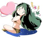  1girl absurdres animal_print ass bare_shoulders bikini closed_mouth commentary_request crossed_arms full_body green_eyes green_hair heart highres horns jako_(jakoo21) lightning_bolt_symbol long_hair looking_at_viewer looking_to_the_side lum print_bikini sketch smile solo star_(symbol) swimsuit tiger_print urusei_yatsura very_long_hair white_background yellow_bikini 