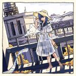  1girl autumn_leaves blue_hair building cloud ghost hat highres holding holding_clothes holding_footwear ogistation outdoors power_lines railing sandals sandals_removed scenery shadow shirt skirt solo straw_hat sun_hat transparent white_shirt white_skirt 