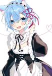  1girl :d animal_ear_fluff animal_ears apron bangs black_ribbon blue_eyes blue_hair breasts cat_ears cleavage eyes_visible_through_hair frilled_shirt_collar frilled_sleeves frills hair_between_eyes hair_ornament hair_ribbon hairband hand_up heart heart_of_string light_blue_hair light_blush looking_at_viewer maid maid_apron neck_ribbon open_mouth purple_ribbon re:zero_kara_hajimeru_isekai_seikatsu rem_(re:zero) ribbon short_hair simple_background small_breasts smile solo teeth upper_teeth white_background x_hair_ornament yumeno_ruruka 