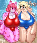  animate_inanimate anthro big_breasts bovid bovine breast_squish breasts bulge cattle clothing doodle_dip duo felid feline female glistening glistening_body gynomorph handles hi_res huge_breasts inflatable intersex intersex/female living_inflatable mammal momo_(doodle_dip) poolside ramona_(disambiguation) rubber rubber_clothing squish swimming_pool swimwear text 