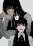  2girls bangs black_hair chainsaw_man collared_shirt dual_persona grey_background grey_eyes grey_shirt hand_on_own_arm head_on_hand head_rest highres long_sleeves looking_at_viewer low_twintails medium_hair mitaka_asa multiple_girls neck_ribbon nervous open_mouth portrait red_eyes ribbon ringed_eyes scar scar_on_cheek scar_on_face scar_on_nose school_uniform shirt short_twintails simple_background straight-on sweat twintails white_shirt yoru_(chainsaw_man) yukke_(nama29_umai) 