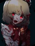  1girl ascot blonde_hair blood blood_in_mouth blood_on_clothes blood_on_face blood_on_hands commentary_request eating fang guro highres intestines long_sleeves open_mouth red_ascot red_eyes rumia sabapi_oo shirt short_hair skin_fang smile solo teeth touhou upper_teeth white_shirt 