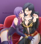  2girls amezuku bangs bare_shoulders black_dress black_hair blue_eyes blush breasts circlet cleavage collarbone detached_sleeves dress earrings elbow_gloves fingernails fire_emblem fire_emblem:_the_blazing_blade fire_emblem_heroes gloves hand_on_hip highres jewelry large_breasts lipstick long_hair looking_at_another makeup multiple_girls nail_polish no_panties open_mouth plunging_neckline purple_dress purple_eyes purple_hair short_hair side_slit smile sonia_(fire_emblem) thighs touching_another&#039;s_back ursula_(fire_emblem) yellow_eyes yuri 