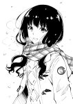  1girl absurdres bangs breath coat duffel_coat fqnrxj greyscale highres inoue_takina long_hair looking_at_viewer lycoris_recoil monochrome plaid plaid_scarf scarf smile solo sweater toggles upper_body winter_clothes 
