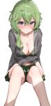  1girl :/ absurdres bangs bare_legs bikini bikini_under_clothes blush breasts cleavage closed_mouth collei_(genshin_impact) crossed_arms crossed_bangs feet_out_of_frame genshin_impact green_bikini green_hair highres jacket long_sleeves looking_at_viewer medium_breasts medium_hair midriff open_clothes open_jacket purple_eyes sidelocks simple_background sitting solo swimsuit thighs white_background xkirara39x 