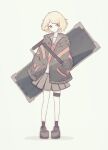  1girl black_coat black_footwear black_socks blonde_hair coat full_body grey_skirt hands_in_pockets highres instrument_case neckerchief omochi_noa original red_neckerchief school_uniform serafuku short_hair simple_background skirt socks solo standing thigh_strap 