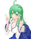  1girl :d ahoge aqua_eyes asahiruhizashi bent_over blue_skirt breasts cleavage double_v frog_hair_ornament green_hair grin hair_ornament hair_tubes highres kochiya_sanae large_breasts long_hair looking_at_viewer shirt simple_background skirt smile snake_hair_ornament solo touhou v white_background white_shirt wide_sleeves 