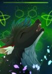  2022 ambiguous_gender canid canine canis chest_tuft digital_media_(artwork) eyes_closed feral glowing hair headshot_portrait hi_res howl howling_wolves mammal naahva outside petals portrait ryux short_hair smile solo space tuft wolf 