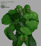  bald barazoku eyewear genitals glasses green_body green_skin hi_res himbo humanoid leather male multi_genitalia multi_head muscular orc orcus_challenge rickleone 