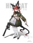  1girl :/ absurdres adapted_costume alternate_costume animal_ear_fluff animal_ears bigcat_114514 black_bow bow braid cat_ears cat_tail dress extra_ears gold_trim gun hair_bow highres holding holding_gun holding_weapon kaenbyou_rin looking_at_viewer multiple_tails pantyhose pointy_ears red_hair rifle shoes solo standing tail touhou twin_braids weapon white_pantyhose 