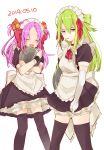  2girls alina_gray alternate_costume apron aqua_eyes bangs blunt_ends blush dress frills green_hair hair_between_eyes hair_ornament hair_rings highres keita_wiz long_hair magia_record:_mahou_shoujo_madoka_magica_gaiden mahou_shoujo_madoka_magica maid maid_apron maid_headdress medium_hair misono_karin multicolored_hair multiple_girls parted_bangs parted_hair puffy_sleeves purple_hair ribbon short_sleeves sidelocks smile star_(symbol) straight_hair streaked_hair thighhighs two_side_up very_long_hair 