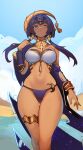  1girl absurdres ass_visible_through_thighs bare_legs bikini blue_eyes blue_hair breasts candace_(genshin_impact) dark-skinned_female dark_skin distr egyptian egyptian_clothes expressionless genshin_impact hair_ornament heterochromia highres jewelry legs looking_at_viewer midriff navel sand short_hair_with_long_locks sidelocks sky solo standing swimsuit thigh_gap thighlet thighs wide_hips yellow_eyes 