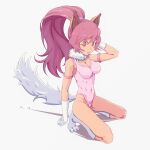  1girl animal_ears animal_hands breasts cat_ears cat_tail cleavage_cutout clothing_cutout full_body highres kaien_advance leotard long_hair looking_at_viewer open_mouth perisie_(star_ocean) pink_hair ponytail simple_background smile solo star_ocean star_ocean_first_departure tail 
