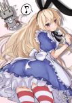  1girl alice_(alice_in_wonderland) alice_(alice_in_wonderland)_(cosplay) alice_in_wonderland apron black_hairband blonde_hair blue_dress clock cosplay cowboy_shot dress frilled_apron frilled_dress frills from_behind giraffe_(ilconte) grey_eyes hairband highres kantai_collection long_hair rensouhou-chan shimakaze_(kancolle) solo striped striped_thighhighs thighhighs white_apron 